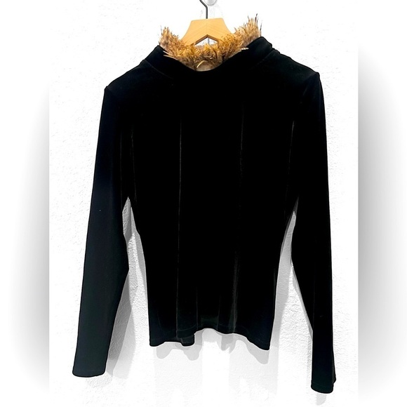 Double D Ranch Tops - Double D Ranch Black Velvet Mock Turtleneck Feather Trim Small